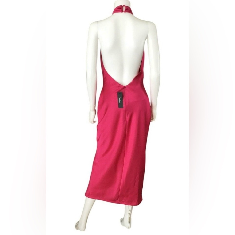 Lulus NWT Women’s “Beyond Classy” Hot Pink Satin Halter Midi Dress. Size Medium. - Picture 12 of 16